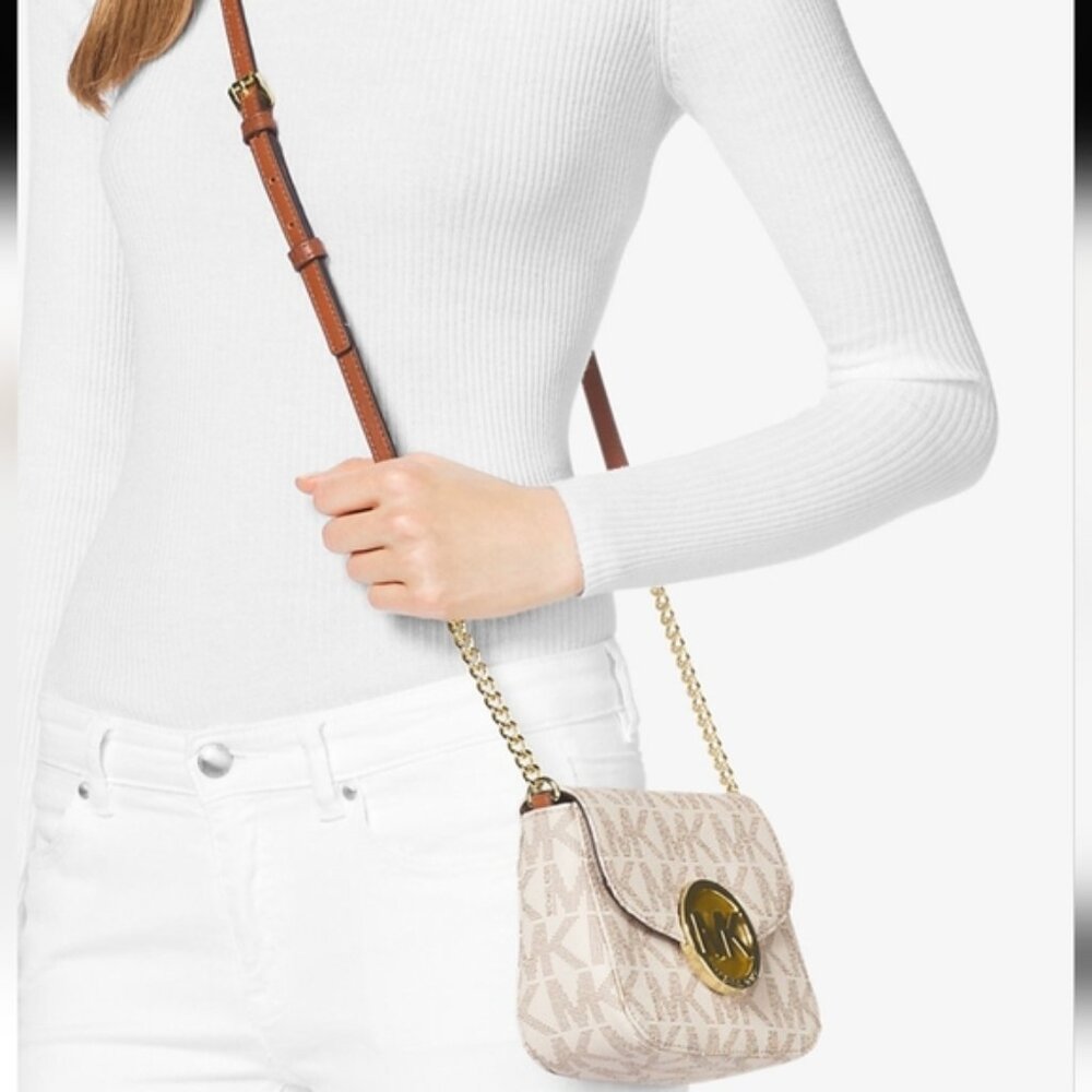 Michael Kors Fulton Leather Small Crossbody Bag, White and Brown, Goldtone Logo